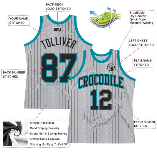 Custom Gray Black Pinstripe Black-Teal Authentic Basketball Jersey - Sky-Custom