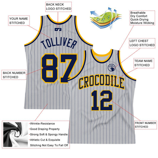 Custom Gray Navy Pinstripe Navy-Gold Authentic Basketball Jersey - Sky-Custom