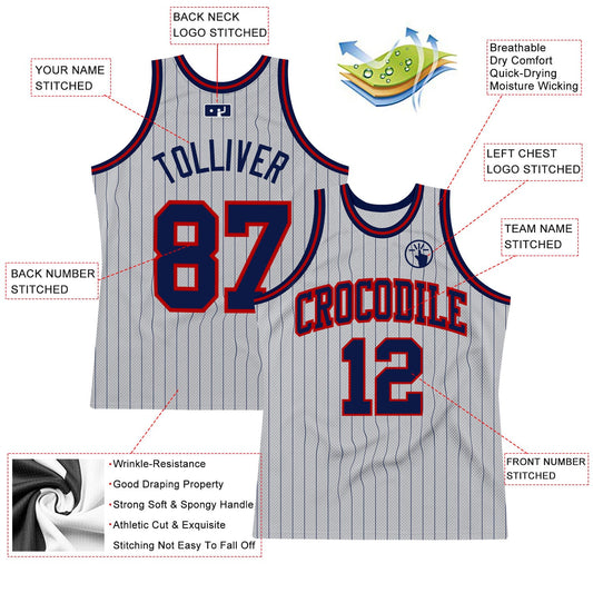 Custom Gray Navy Pinstripe Navy-Red Authentic Basketball Jersey - Sky-Custom