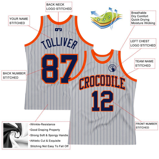 Custom Gray Navy Pinstripe Navy-Orange Authentic Basketball Jersey - Sky-Custom