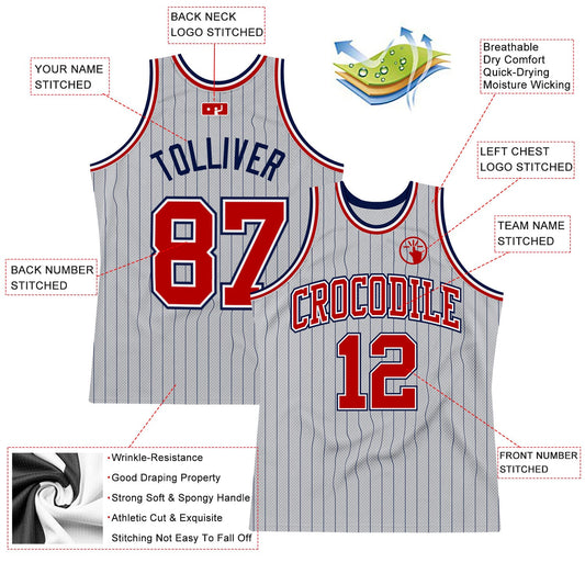 Custom Gray Navy Pinstripe Red-White Authentic Basketball Jersey - Sky-Custom