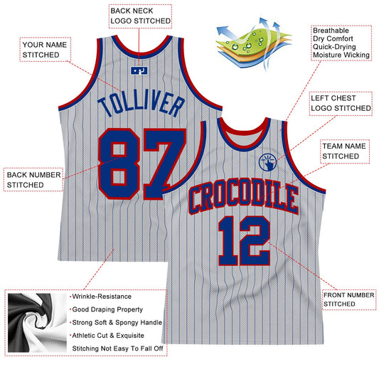 Custom Gray Royal Pinstripe Royal-Red Authentic Basketball Jersey - Sky-Custom