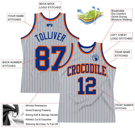 Custom Gray Royal Pinstripe Royal-Orange Authentic Basketball Jersey - Sky-Custom