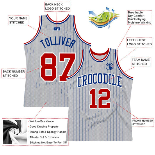 Custom Gray Royal Pinstripe Red-White Authentic Basketball Jersey - Sky-Custom