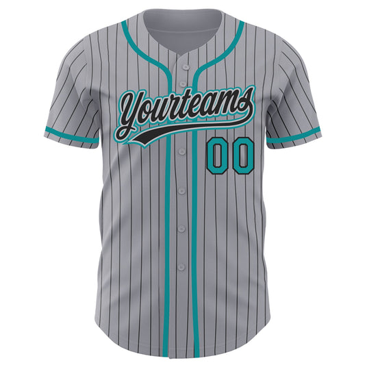 Custom Gray Black Pinstripe Teal Authentic Baseball Jersey - Sky-Custom