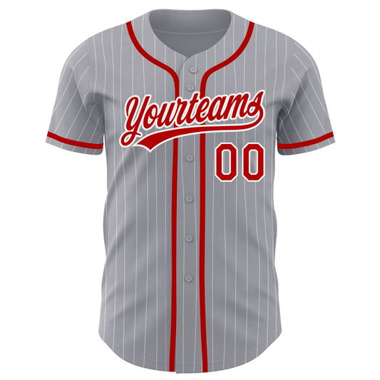 Custom Gray White Pinstripe Red Authentic Baseball Jersey - Sky-Custom