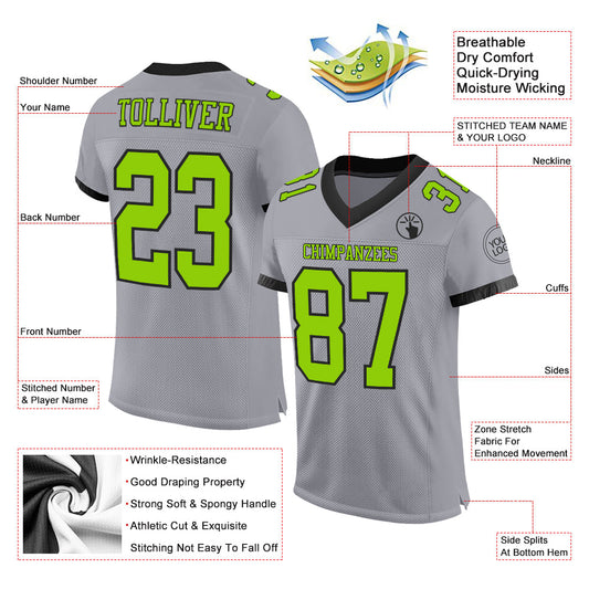 Custom Gray Neon Green-Black Mesh Authentic Football Jersey - Sky-Custom