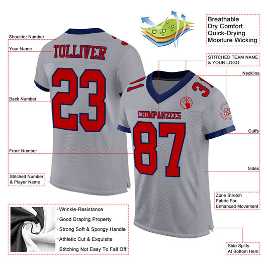 Custom Gray Red-Navy Mesh Authentic Football Jersey - Sky-Custom