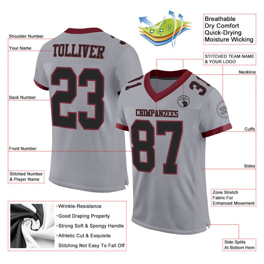 Custom Gray Black-Burgundy Mesh Authentic Football Jersey - Sky-Custom
