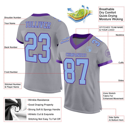 Custom Gray Light Blue-Purple Mesh Authentic Football Jersey - Sky-Custom