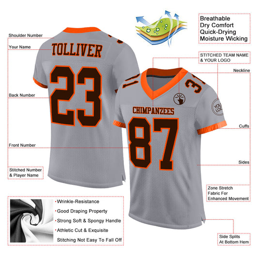 Custom Gray Brown-Orange Mesh Authentic Football Jersey - Sky-Custom