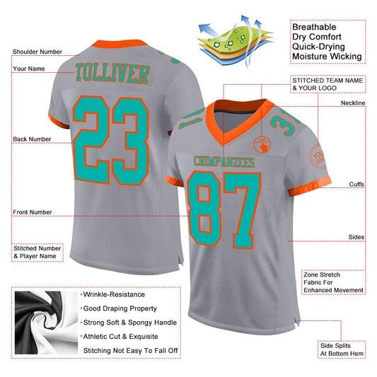 Custom Gray Aqua-Orange Mesh Authentic Football Jersey - Sky-Custom