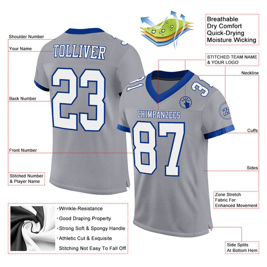 Custom Gray White-Royal Mesh Authentic Football Jersey - Sky-Custom