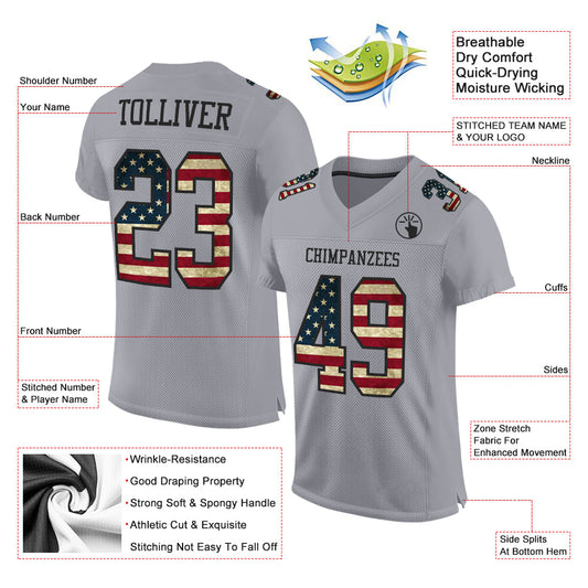 Custom Gray Vintage USA Flag-Black Mesh Authentic Football Jersey - Sky-Custom