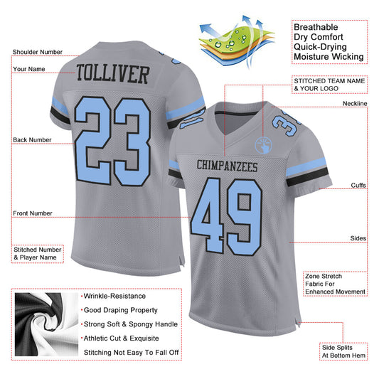 Custom Gray Light Blue-Black Mesh Authentic Football Jersey - Sky-Custom