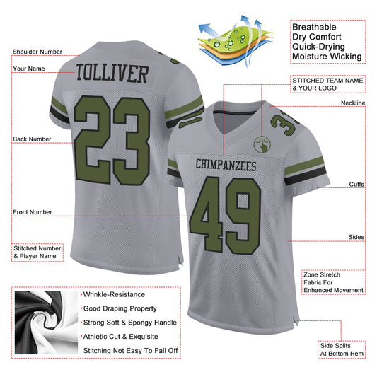 Custom Gray Olive-Black Mesh Authentic Football Jersey - Sky-Custom