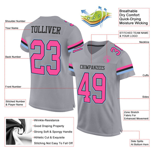 Custom Gray Pink Black-Light Blue Mesh Authentic Football Jersey - Sky-Custom