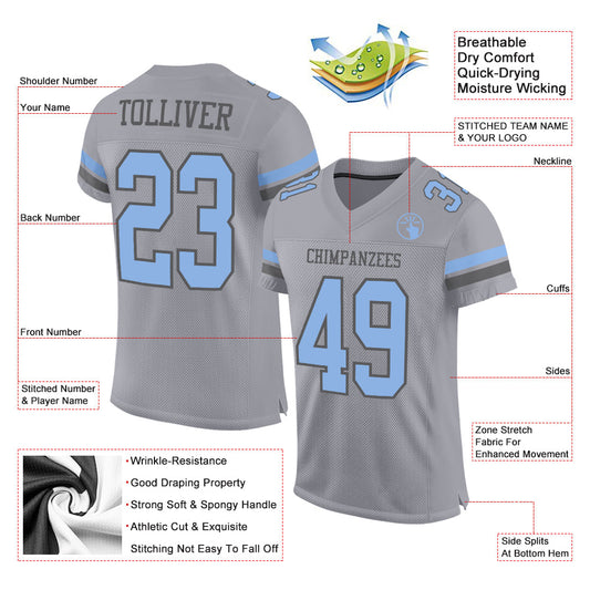 Custom Gray Light Blue-Steel Gray Mesh Authentic Football Jersey - Sky-Custom
