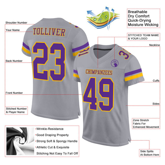 Custom Gray Purple-Gold Mesh Authentic Football Jersey - Sky-Custom