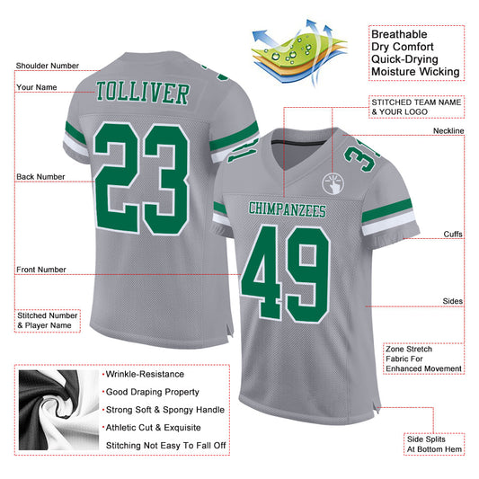 Custom Gray Kelly Green-White Mesh Authentic Football Jersey - Sky-Custom