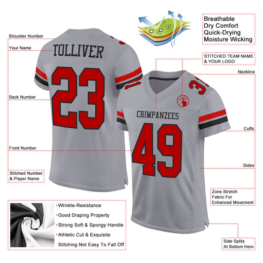 Custom Gray Red-Black Mesh Authentic Football Jersey - Sky-Custom