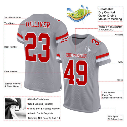 Custom Gray Red-White Mesh Authentic Football Jersey - Sky-Custom