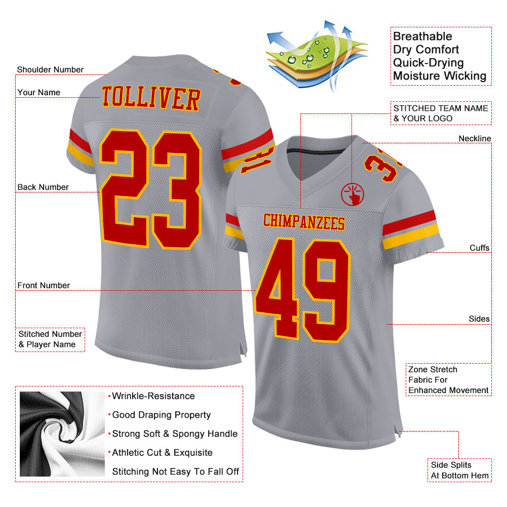 Custom Gray Red-Gold Mesh Authentic Football Jersey - Sky-Custom