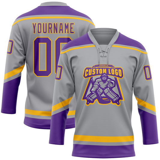 Custom Gray Purple-Gold Hockey Lace Neck Jersey - Sky-Custom