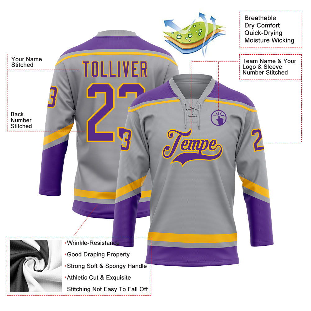 Custom Gray Purple-Gold Hockey Lace Neck Jersey - Sky-Custom