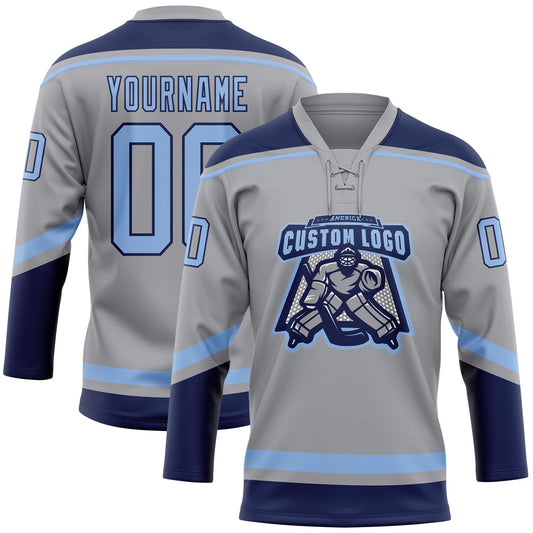Custom Gray Light Blue-Navy Hockey Lace Neck Jersey - Sky-Custom