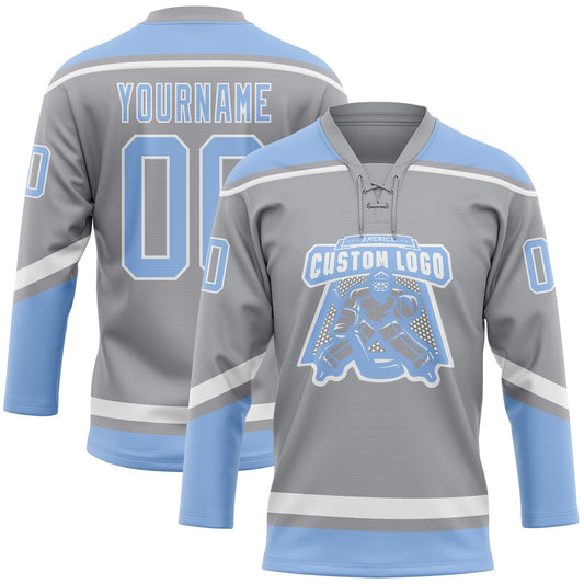 Custom Gray Light Blue-White Hockey Lace Neck Jersey - Sky-Custom