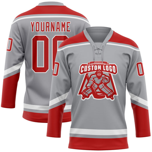 Custom Gray Red-White Hockey Lace Neck Jersey - Sky-Custom