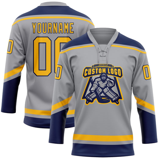 Custom Gray Gold-Navy Hockey Lace Neck Jersey - Sky-Custom