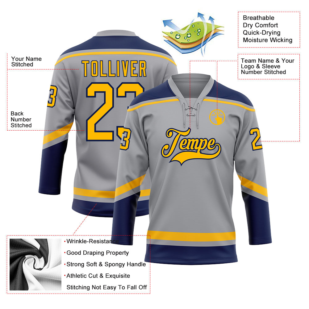 Custom Gray Gold-Navy Hockey Lace Neck Jersey - Sky-Custom