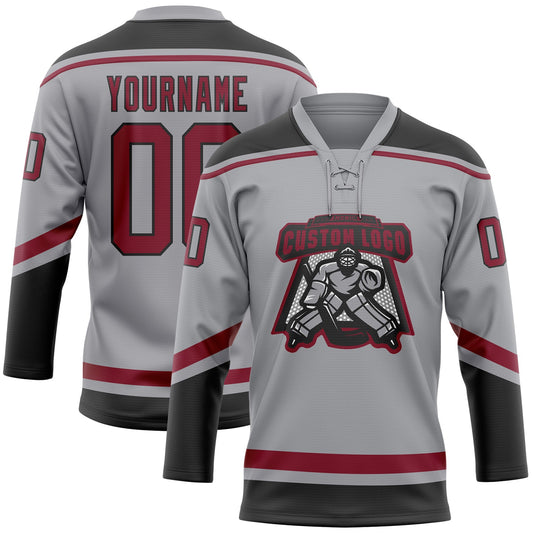 Custom Gray Crimson-Black Hockey Lace Neck Jersey - Sky-Custom
