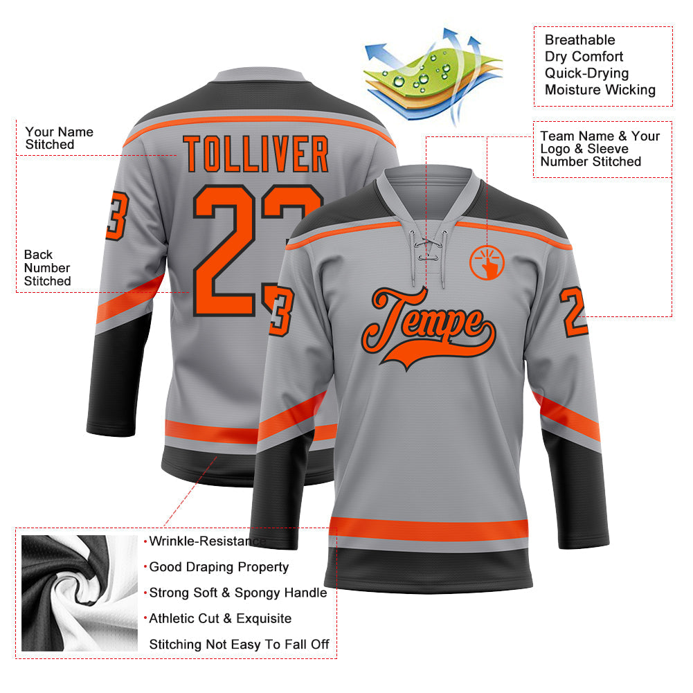 Custom Gray Orange-Black Hockey Lace Neck Jersey - Sky-Custom