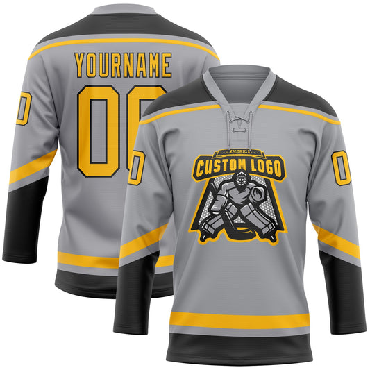 Custom Gray Gold-Black Hockey Lace Neck Jersey - Sky-Custom
