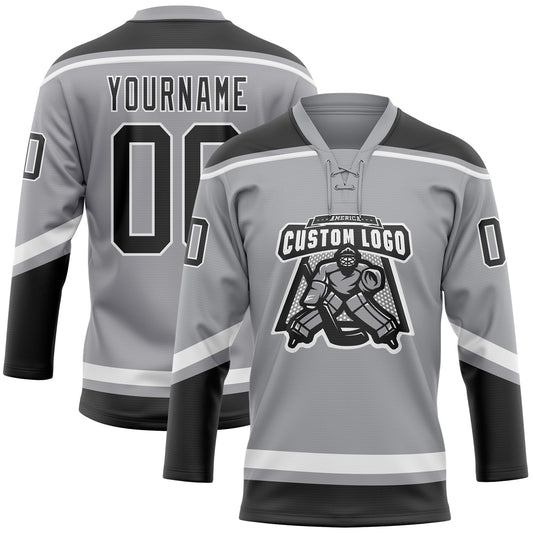 Custom Gray Black-White Hockey Lace Neck Jersey - Sky-Custom