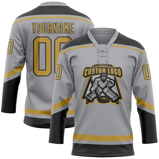Custom Gray Old Gold-Black Hockey Lace Neck Jersey - Sky-Custom