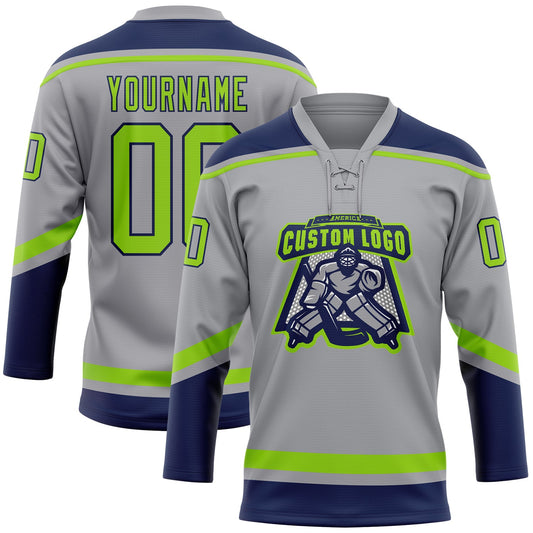 Custom Gray Neon Green-Navy Hockey Lace Neck Jersey - Sky-Custom