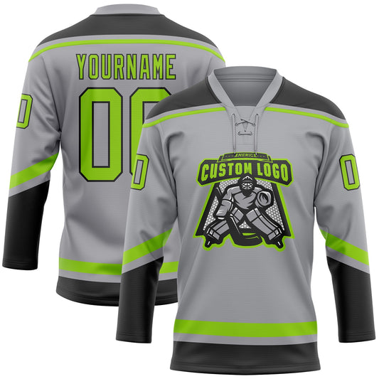 Custom Gray Neon Green-Black Hockey Lace Neck Jersey - Sky-Custom