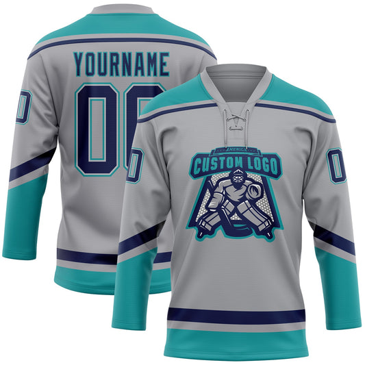 Custom Gray Navy-Teal Hockey Lace Neck Jersey - Sky-Custom