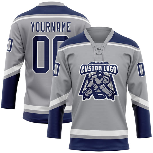 Custom Gray Navy-White Hockey Lace Neck Jersey - Sky-Custom