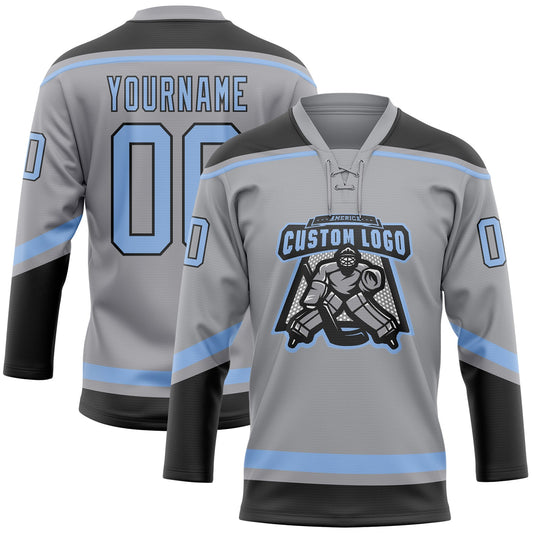 Custom Gray Light Blue-Black Hockey Lace Neck Jersey - Sky-Custom