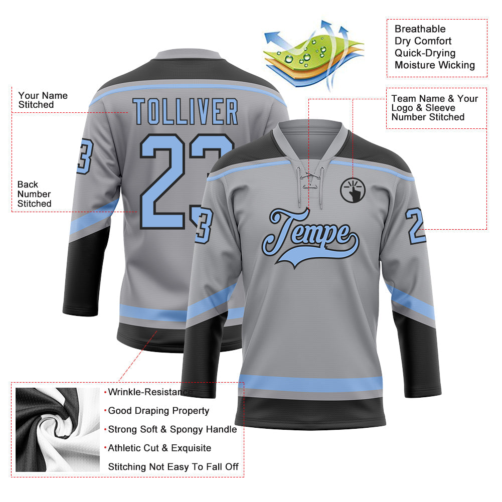 Custom Gray Light Blue-Black Hockey Lace Neck Jersey - Sky-Custom