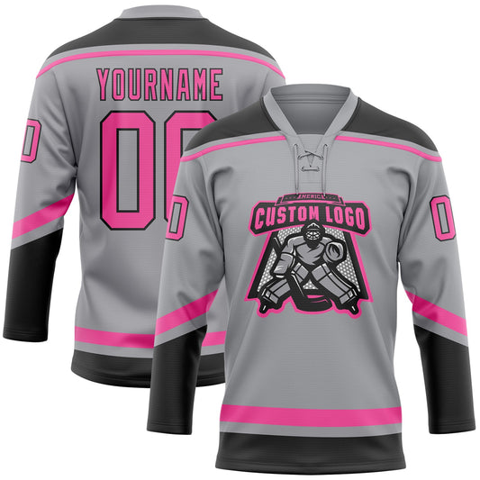 Custom Gray Pink-Black Hockey Lace Neck Jersey - Sky-Custom