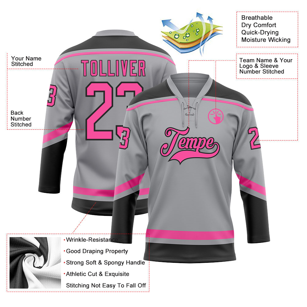 Custom Gray Pink-Black Hockey Lace Neck Jersey - Sky-Custom