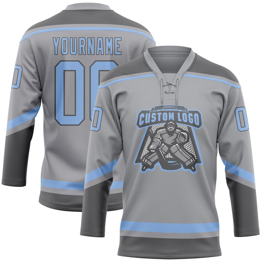 Custom Gray Light Blue-Steel Gray Hockey Lace Neck Jersey - Sky-Custom