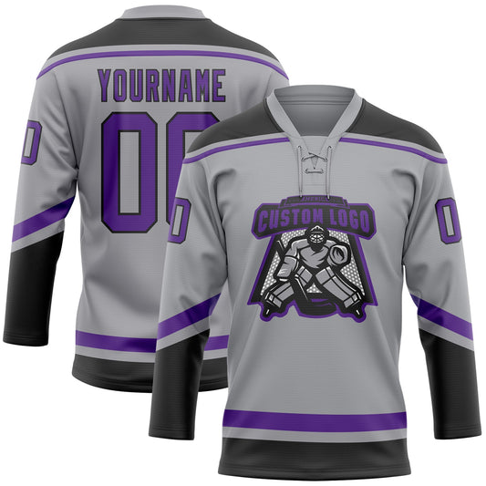 Custom Gray Purple-Black Hockey Lace Neck Jersey - Sky-Custom