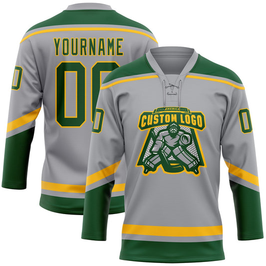 Custom Gray Green-Gold Hockey Lace Neck Jersey - Sky-Custom